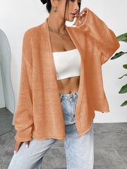 Open-front slouchy knit cardigan in Sherbet acrylic, with wide sleeves and a relaxed fit.