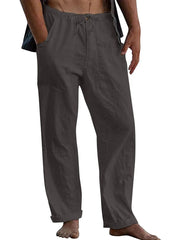 Relaxed fit linen drawstring trousers in Dark Gray with cuffed hem and side pockets.