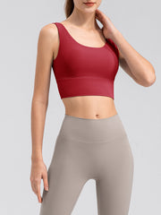 Sculpted backless crop top in Scarlet with scoop neck and wide straps.