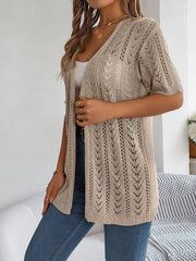 Open-knit chevron sleeve cardigan in tan acrylic with a V-neckline.