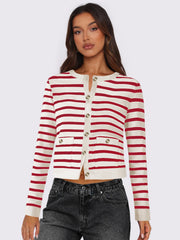 Breton stripe cropped cardigan in deep red and white with button front and pockets.