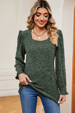 Dark Green Flounce Charm Square Neck Tee with puff sleeves and ruffled cuffs.