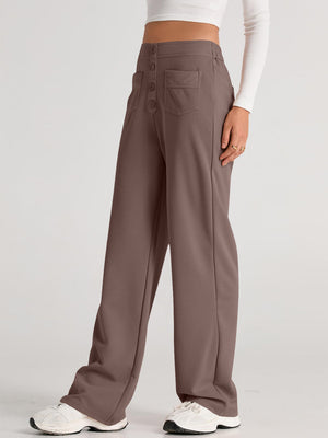 Button-front palazzo trousers in mocha with dual front pockets and a wide leg.