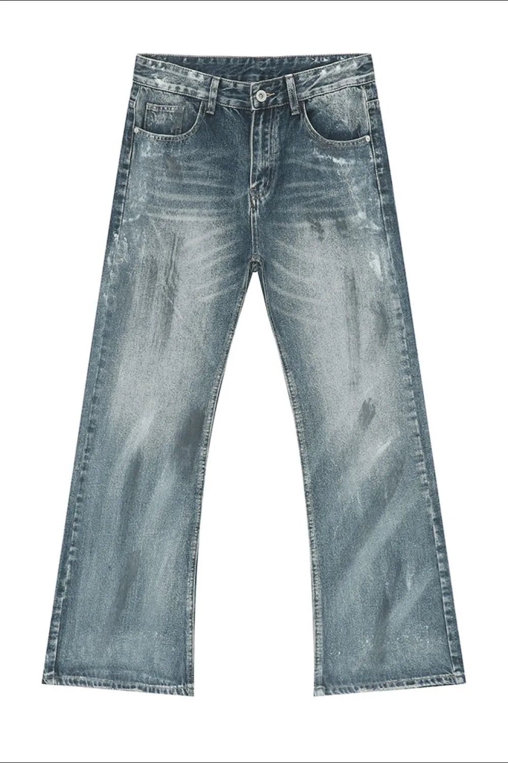 Baggy distressed denim flare jeans in medium wash with a classic five-pocket design.