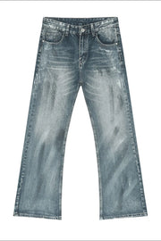 Baggy distressed denim flare jeans in medium wash with a classic five-pocket design.