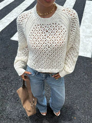 Crochet Knit Raglan Sleeve Sweater in White, side view