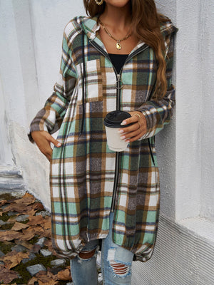 Draped plaid cocoon hoodie jacket with zipper and hood, featuring green, brown, and white plaid pattern.