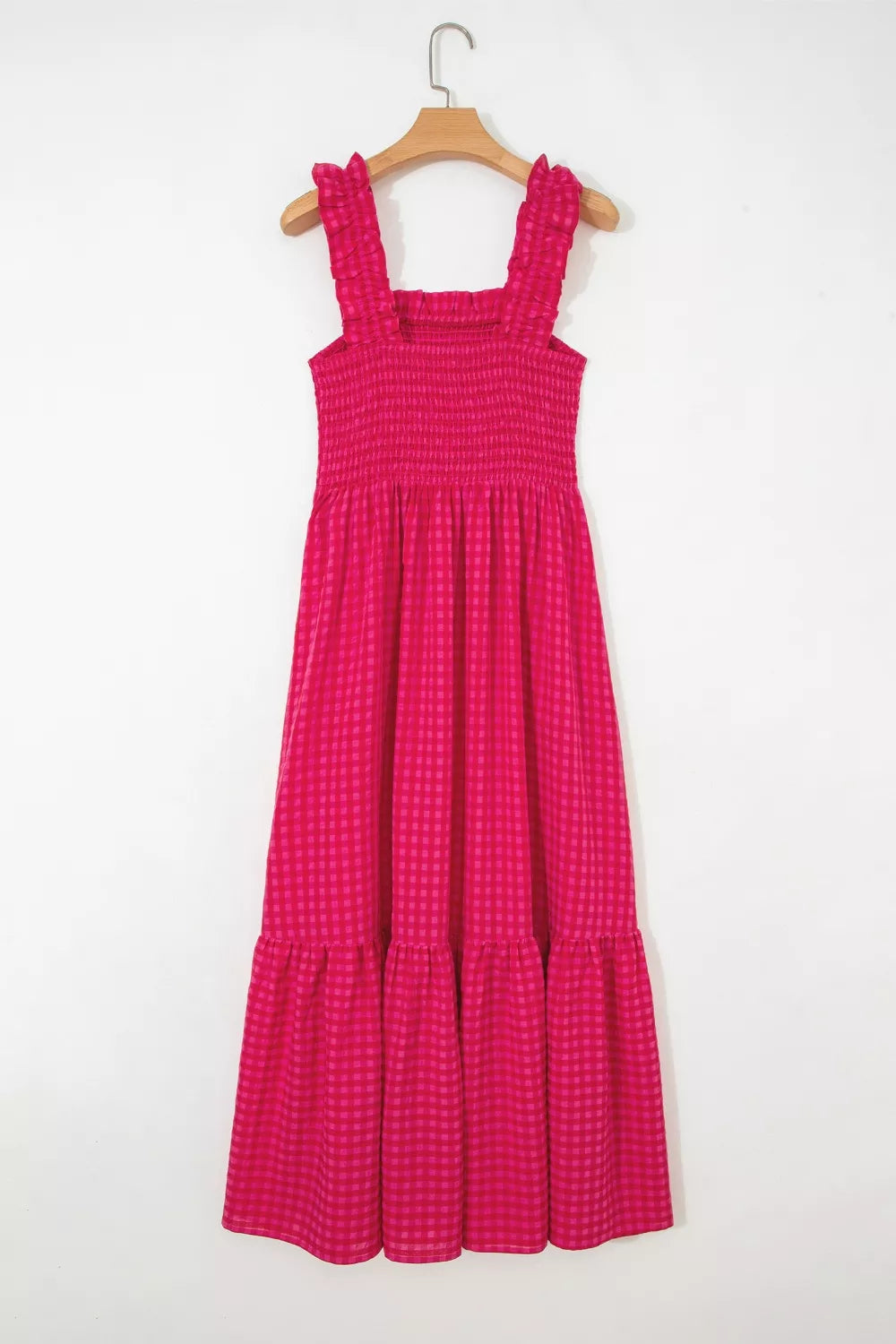 Deep rose plaid cotton sundress with smocked bodice and ruffled straps.