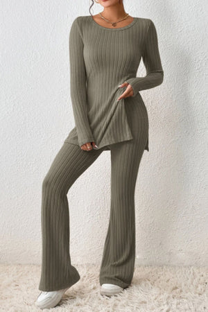 Olive brown ribbed knit co-ord set with flared pants and side slit top.