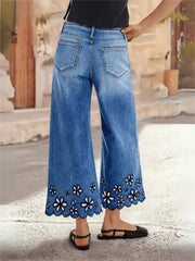 Embroidered Wide-leg Cropped Jeans With Scalloped Hem
