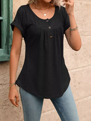 Black relaxed henley maternity t-shirt with button detail and short sleeves.