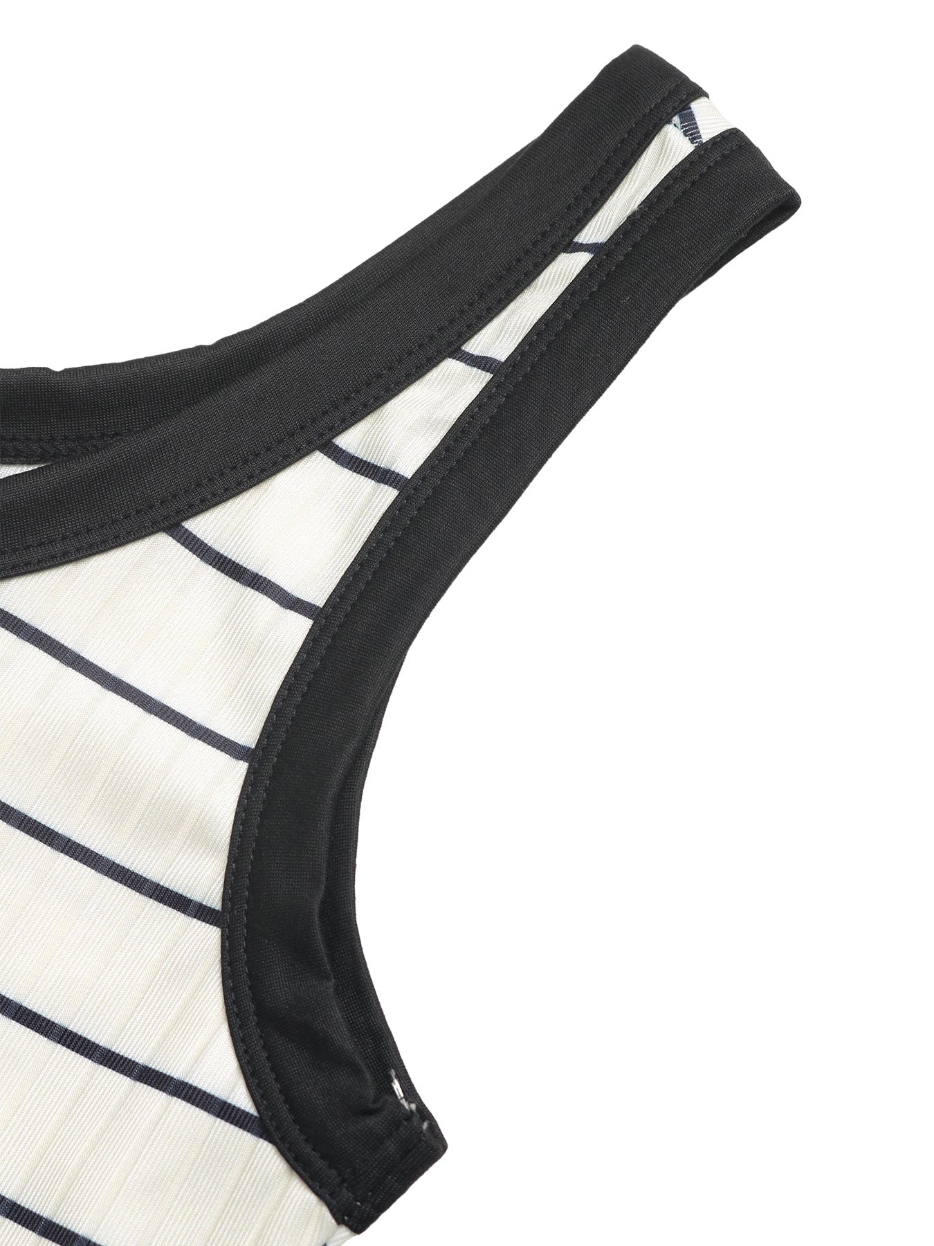Sleeveless ribbed knit midi dress with black trim and navy stripes