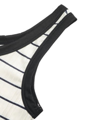 Sleeveless ribbed knit midi dress with black trim and navy stripes