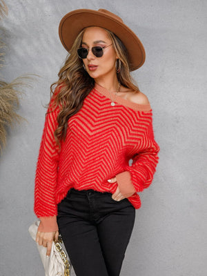 Red and tan chevron fluffy knit sweater with off-the-shoulder neckline