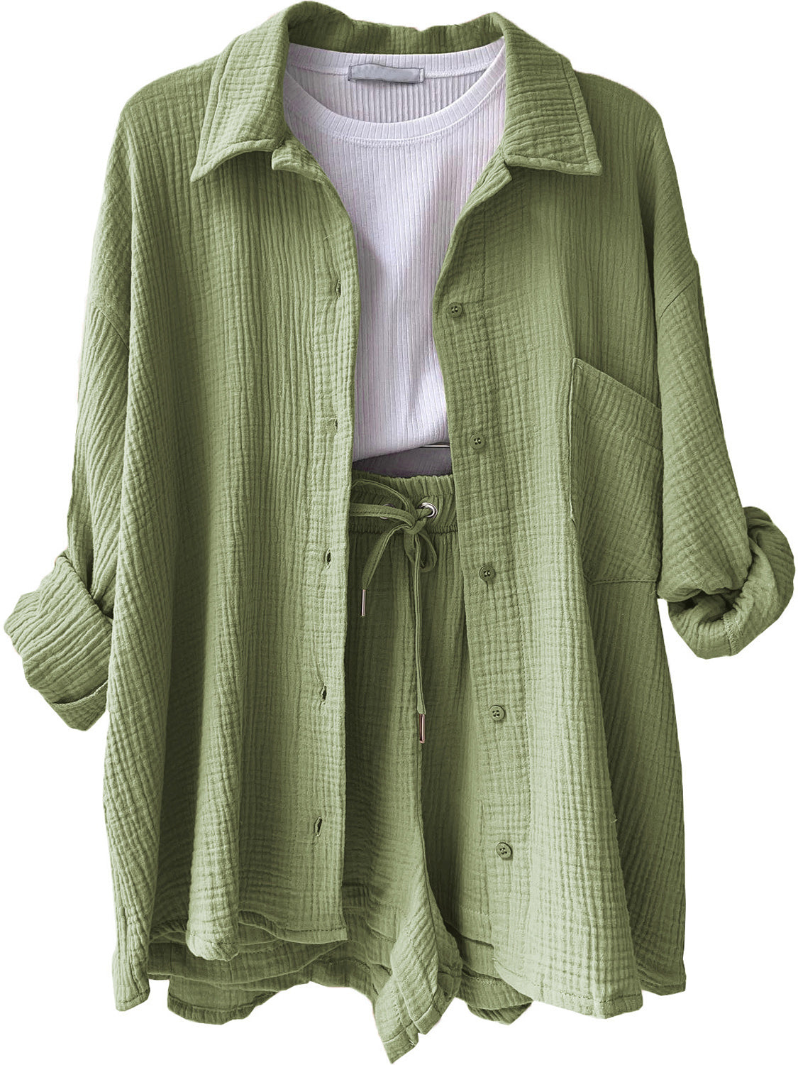 Green textured gauze shirt and shorts set with drawstring waist and button front