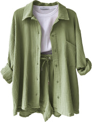 Green textured gauze shirt and shorts set with drawstring waist and button front