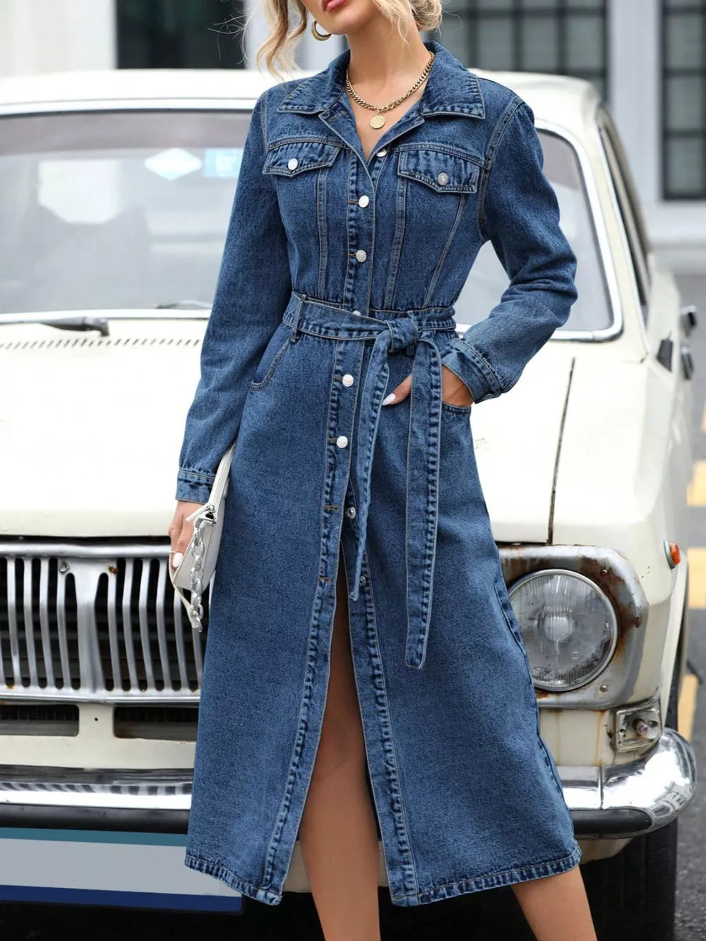 Belted Long Sleeve Denim Dress, front view