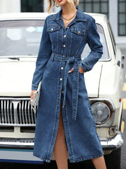 Belted Long Sleeve Denim Dress, front view