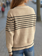 Breton stripe ribbed knit crewneck sweater in tan with black stripes, crewneck, long sleeves.
