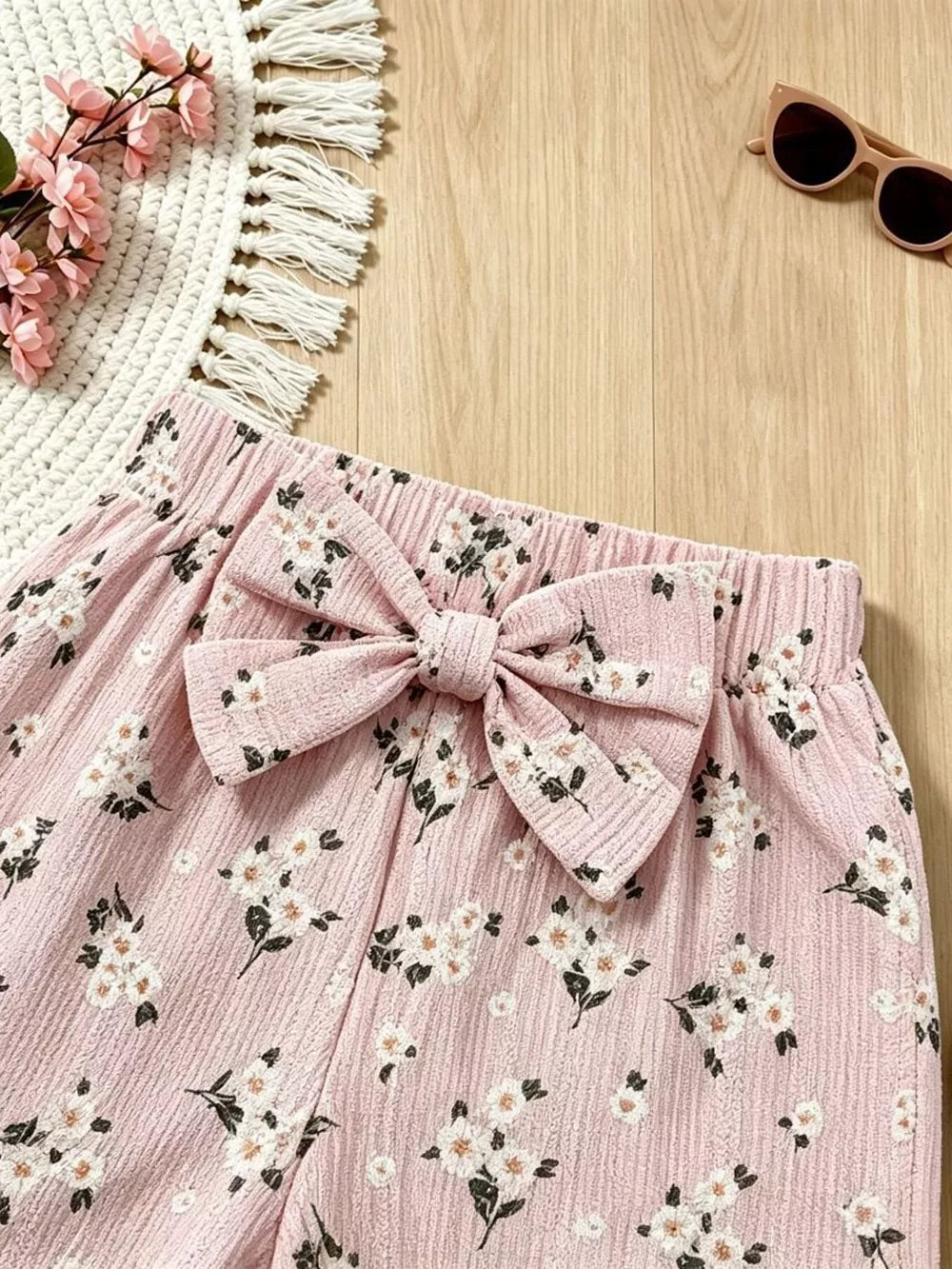 Pink floral ruffle bow baby shorts with textured cotton fabric