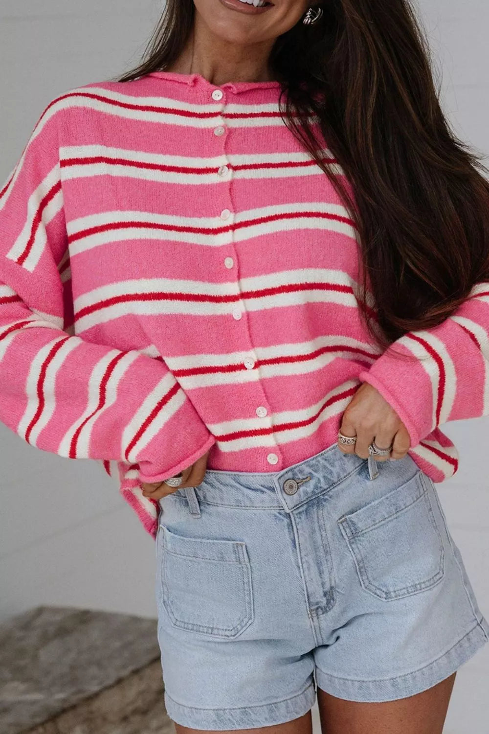 Striped Button-up Cardigan in Pink, model styling view