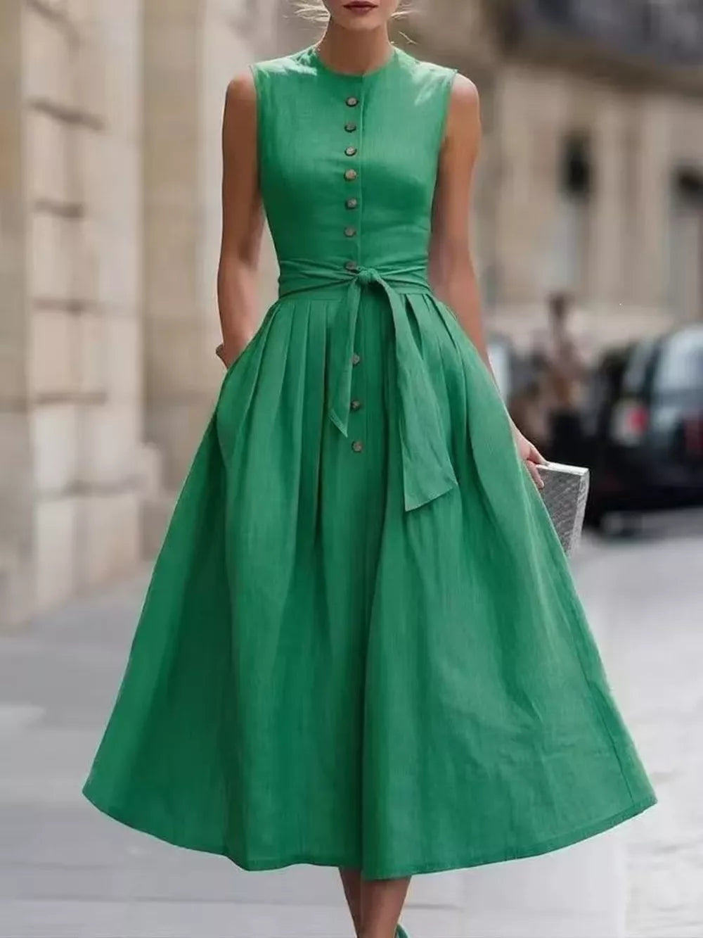 Sleeveless Button-front Belted Midi Dress Plus Size, editorial view