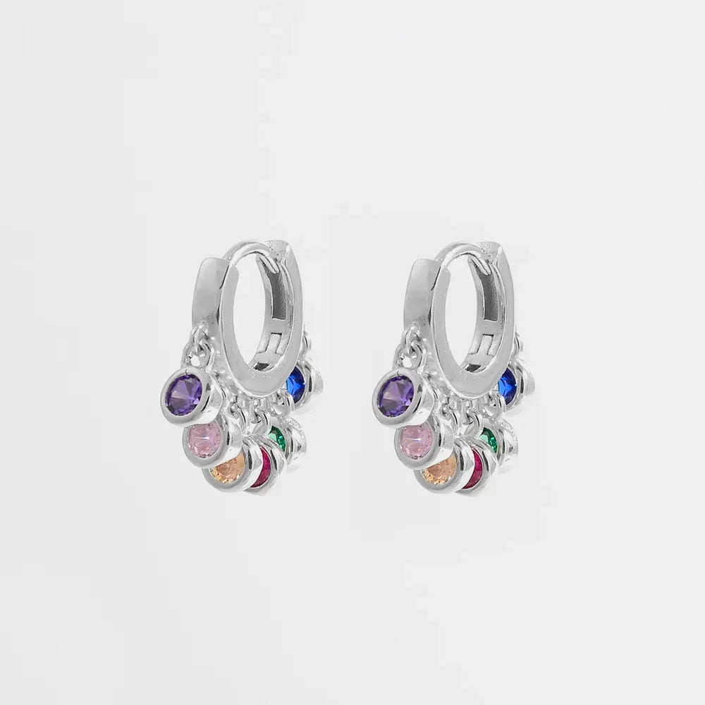 Silver dangle hoop earrings with colorful rainbow zirconia charms