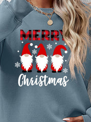 Misty Blue Christmas gnome graphic sweatshirt with plaid Merry text and snowflakes.