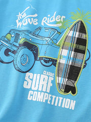 Blue cotton graphic tee with surf competition design, featuring a jeep and surfboard.