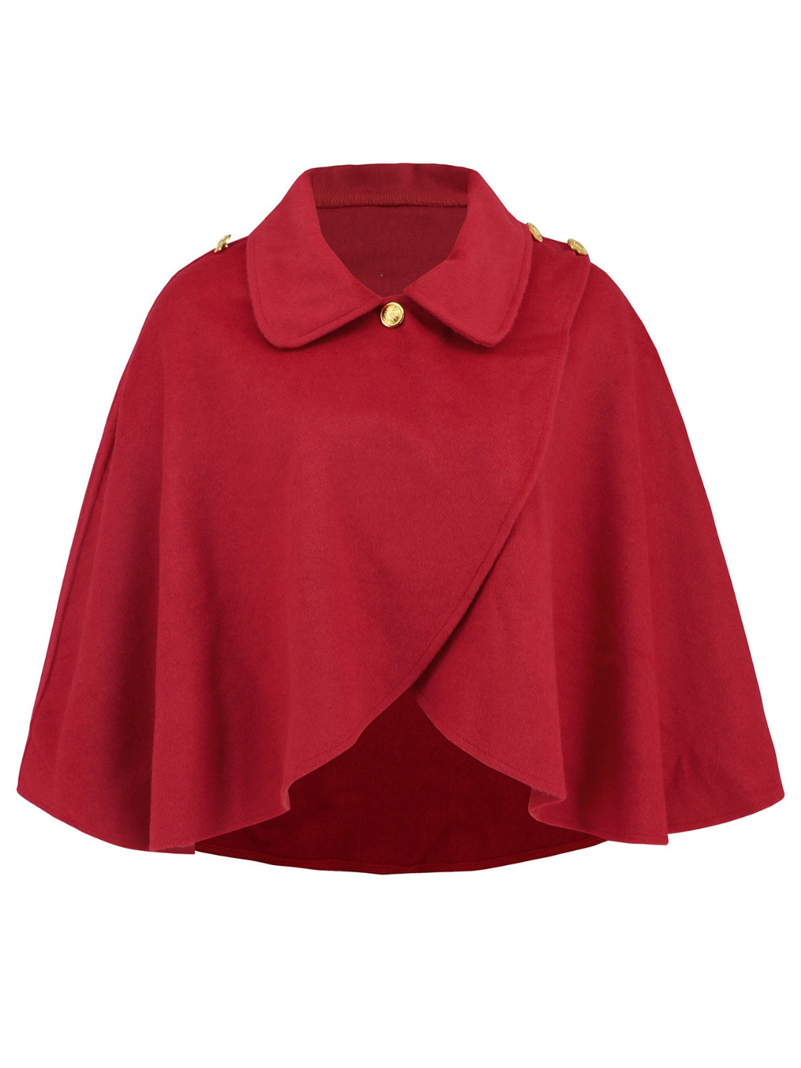 Deep Red asymmetric button-front cape jacket with gold button details and a collared neckline.