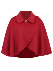 Deep Red asymmetric button-front cape jacket with gold button details and a collared neckline.
