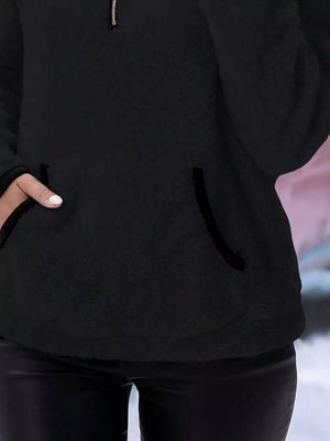 Black fleece quarter zip pullover with front pocket detail