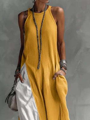Mustard two-tone maxi dress with pockets, sleeveless, round neck, casual style