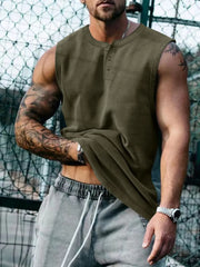 Army green henley neck sleeveless muscle tank top with button detail.