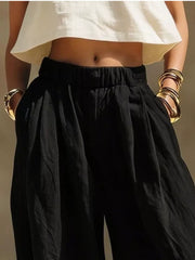 Full Size Elastic Waistband Wide Leg Pants in Beige, fit detail