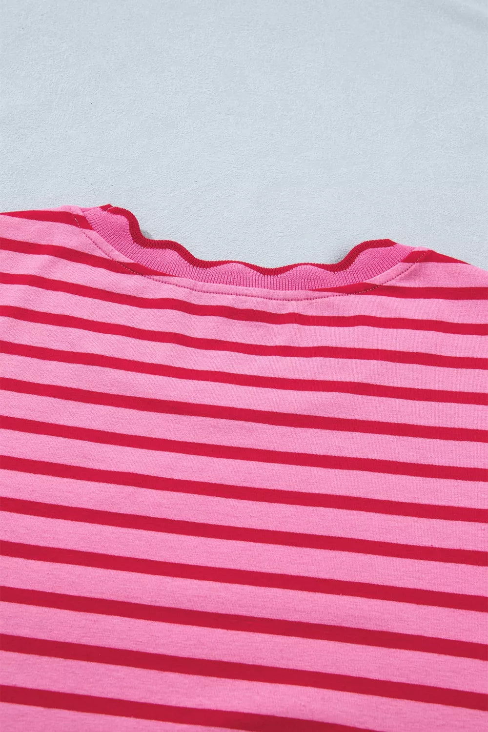 Pink and red striped maxi tee dress with scalloped trim neckline