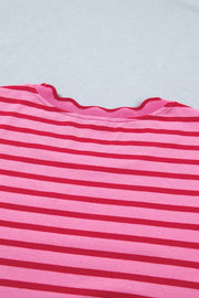 Pink and red striped maxi tee dress with scalloped trim neckline