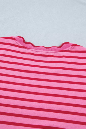 Pink and red striped maxi tee dress with scalloped trim neckline