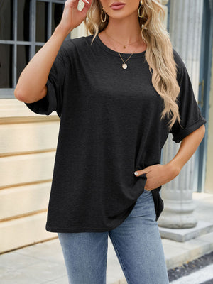 Relaxed fit black crew neck t-shirt with rolled short sleeves and a casual, comfortable cut.