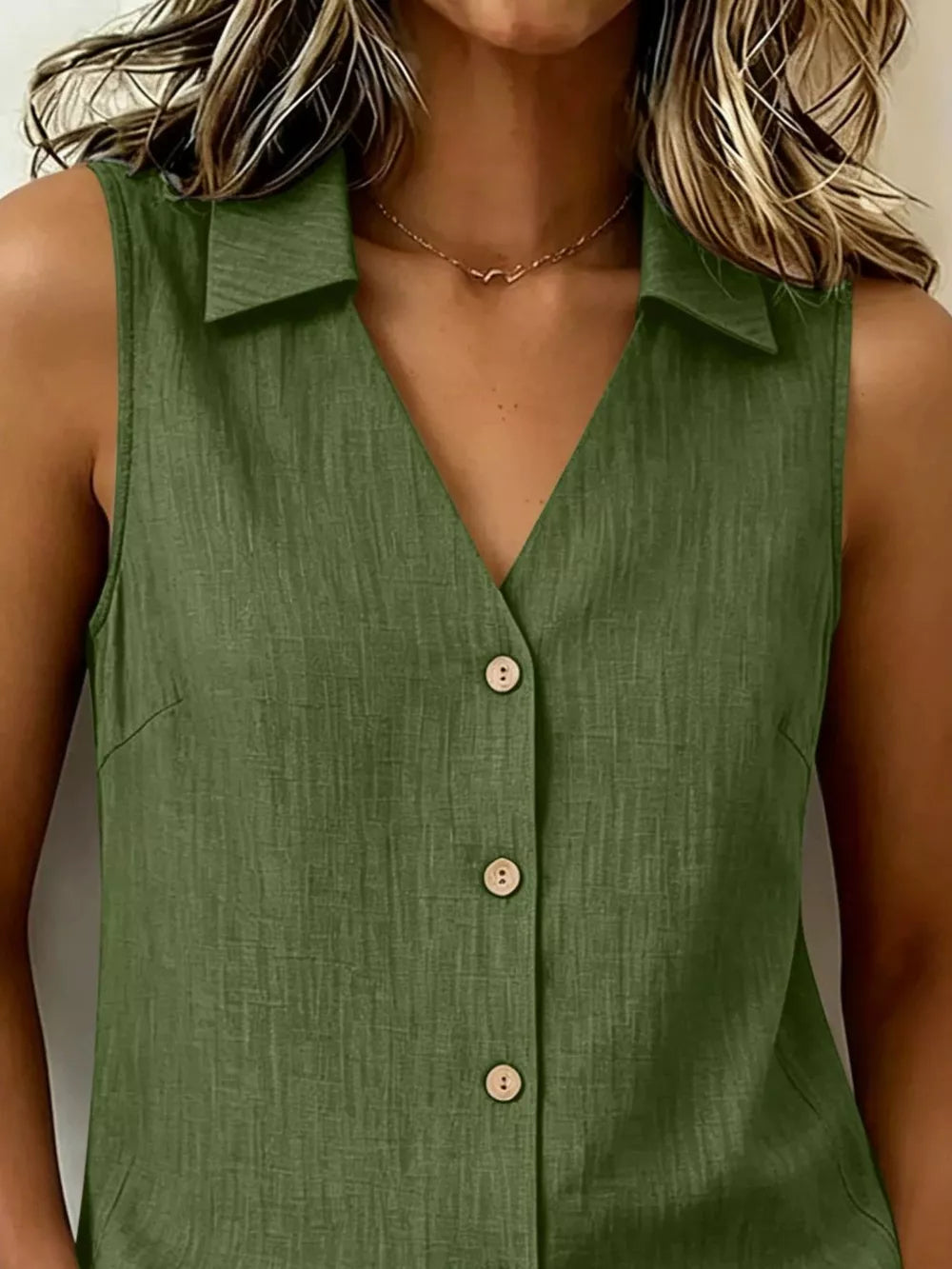 Full Size Button-up Sleeveless Collared Top in Navy, fabric detail