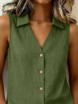 Full Size Button-up Sleeveless Collared Top in Navy, fabric detail