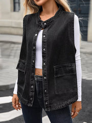 Black washed denim vest with band collar, button front, and chest pockets.