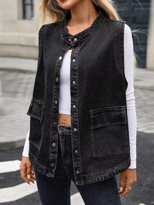 Black washed denim vest with band collar, button front, and chest pockets.