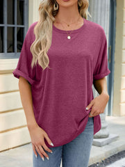 Relaxed fit t-shirt in deep purple with rolled sleeves and crew neck.