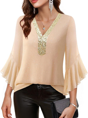 Apricot sequin v-neck blouse with bell sleeves and glitter detail.