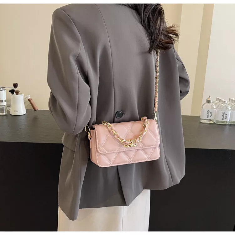 Quilted Chain Strap Crossbody Bag in Pink, front view