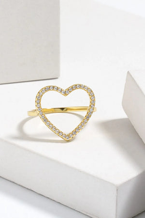 Gold pavé heart outline ring with clear stones, 18k gold-plated.
