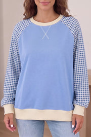 Plaid Raglan Sleeve Sweatshirt in Light Blue, close-up detail
