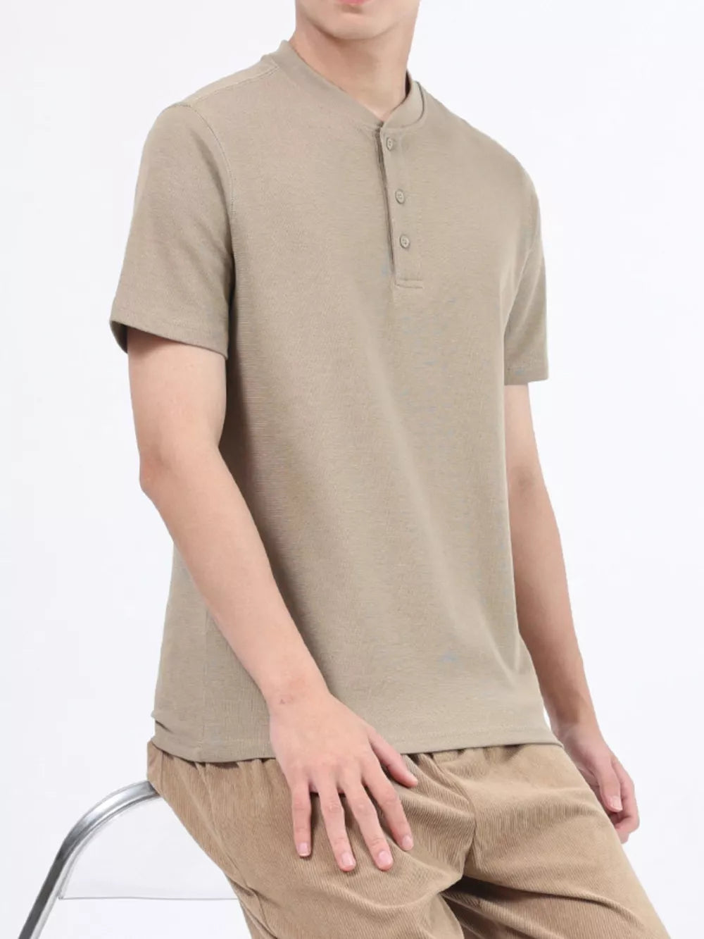Desert color cotton casual Henley t-shirt with button placket and short sleeves.