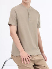 Desert color cotton casual Henley t-shirt with button placket and short sleeves.